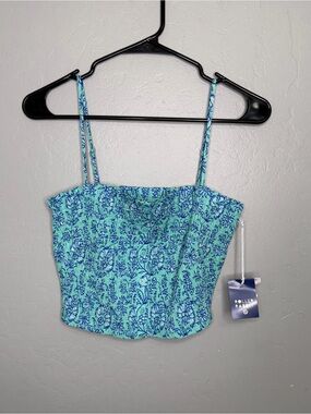 Roller Rabbit x Target Blue and Aqua Green Floral Smocked Cropped Tank Top Sz S